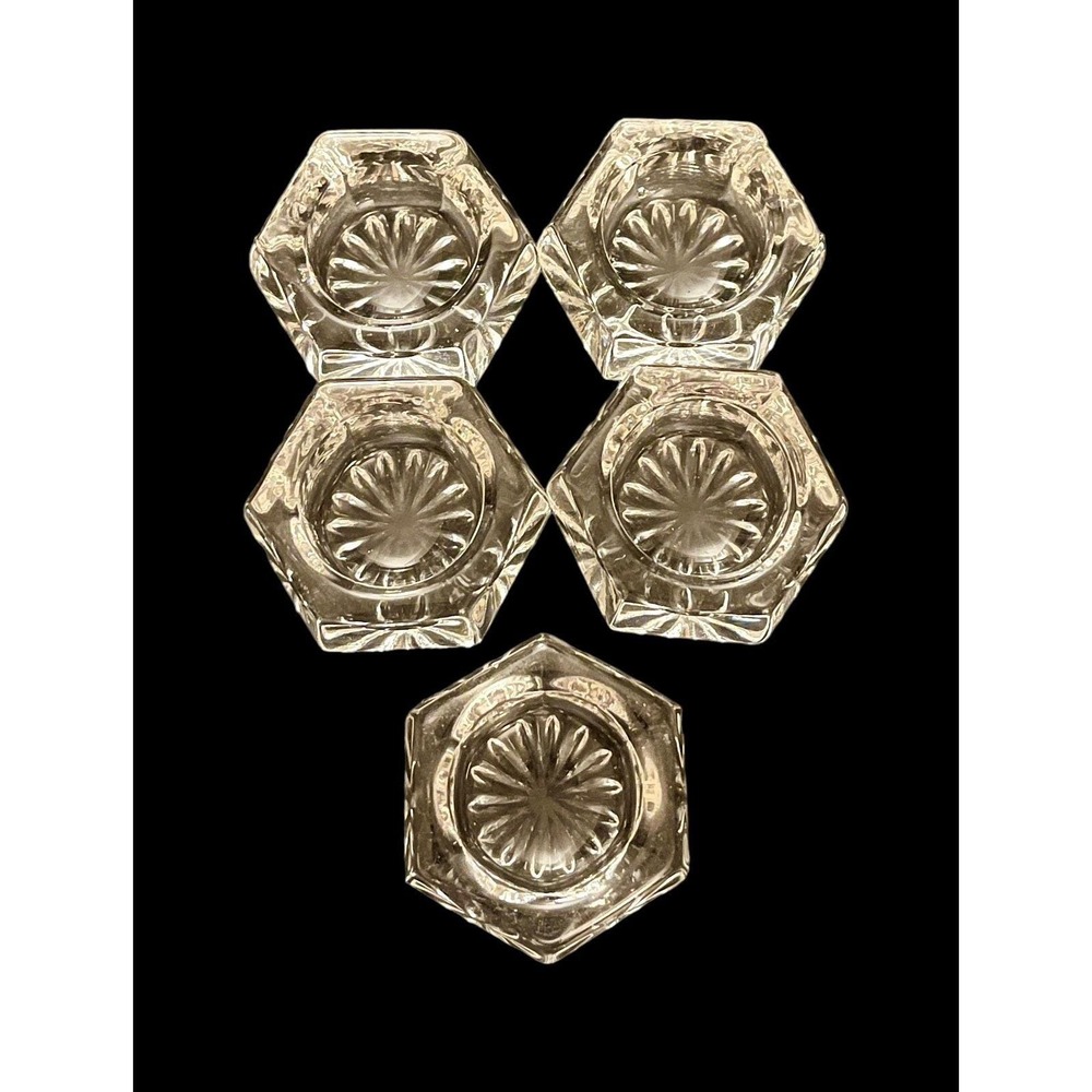 Set Of 5 Vintage Hexagon Open Salt‎ Cellar Crystal Starbust Dip Dish Clear Glass